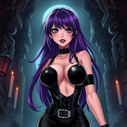 An anime-inspired illustration of a striking dominatrix with long hair, the ends dyed a vibrant purple, styled dramatically