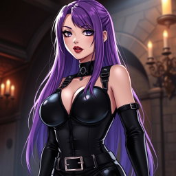 An anime-inspired illustration of a striking dominatrix with long hair, the ends dyed a vibrant purple, styled dramatically
