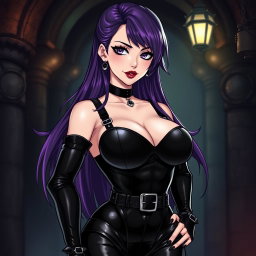 An anime-inspired illustration of a striking dominatrix with long hair, the ends dyed a vibrant purple, styled dramatically