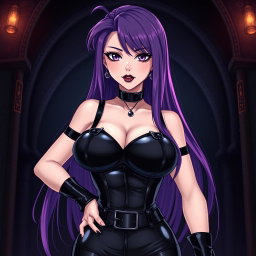 An anime-inspired illustration of a striking dominatrix with long hair, the ends dyed a vibrant purple, styled dramatically