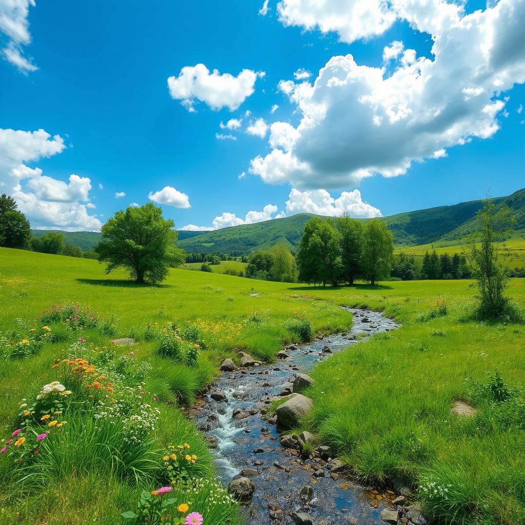 A beautiful landscape featuring a lush green field under a clear blue sky with fluffy white clouds
