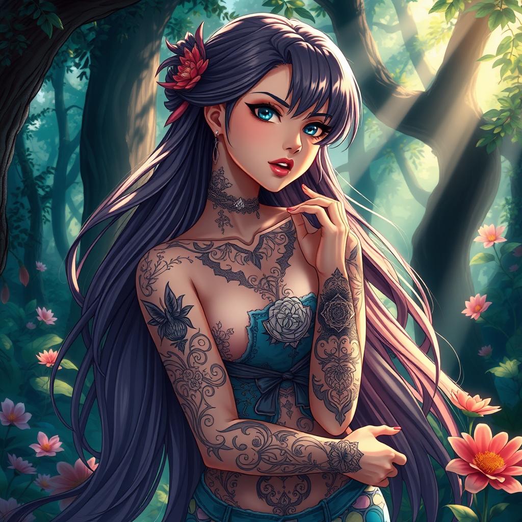 A stunning illustration of a beautiful anime woman with long flowing hair, adorned with intricate fantasy-themed tattoos