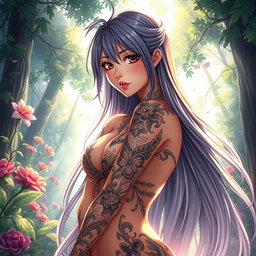 A stunning illustration of a beautiful anime woman with long flowing hair, adorned with intricate fantasy-themed tattoos