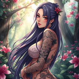 A stunning illustration of a beautiful anime woman with long flowing hair, adorned with intricate fantasy-themed tattoos