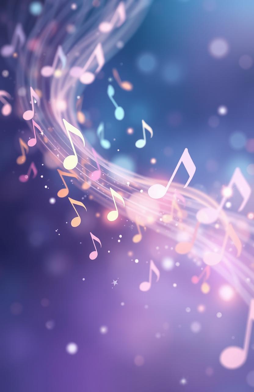 A swirling, ethereal representation of fading music notes in various colors, gracefully cascading and blending into the atmosphere