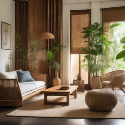 An intricate fusion design of Javanese and Japanese for a serene living room. Featuring handcrafted bamboo and rattan furniture from Java craft interspersed with Japanese minimalist aesthetics. Earthy tones meet natural materials, Batik patterns, Zen aesthetic, and a relaxing blend of nature through indoor plants.