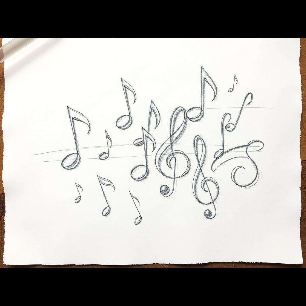A detailed pencil sketch of various music notes arranged artistically on a textured paper background
