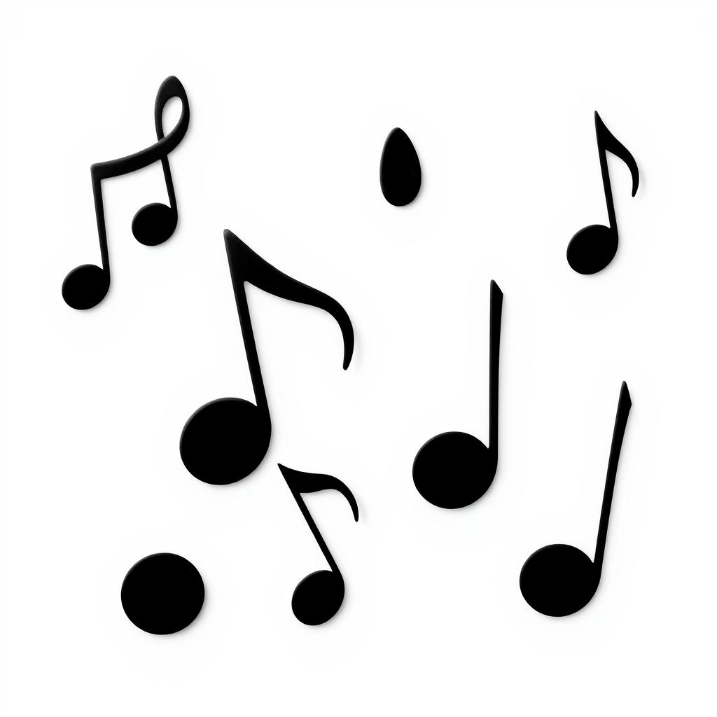 A striking design featuring bold black music notes arranged artistically on a pristine, clean white background