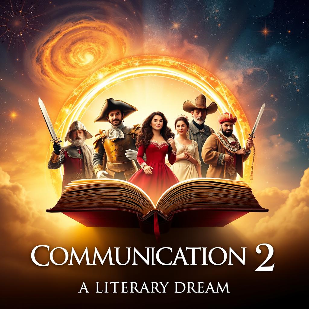 An enchanting movie poster for the series "COMMUNICATION 2: A LITERARY DREAM" featuring an open book at the center, from which iconic literary characters emerge