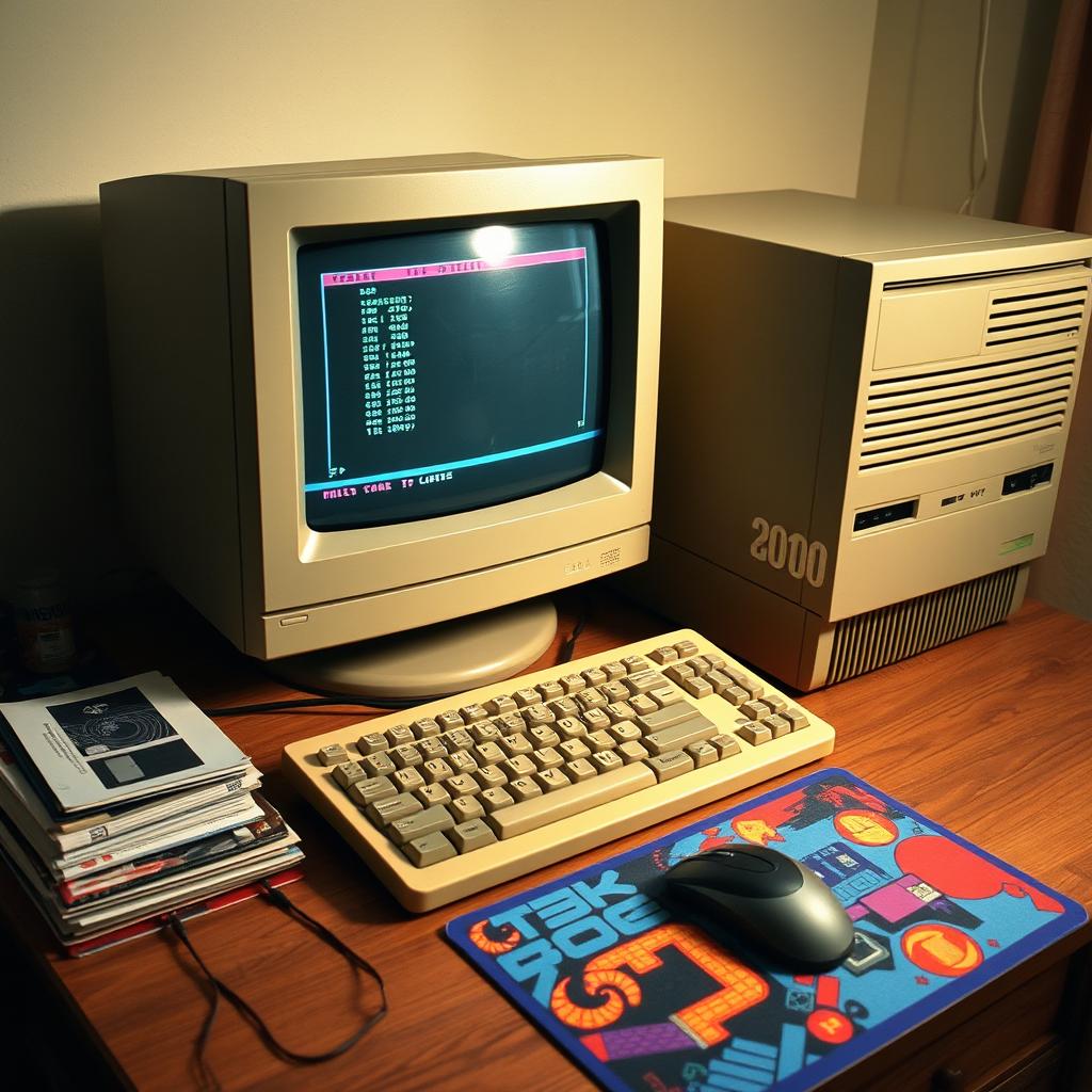 A vintage 1990s computer setup featuring a classic CRT monitor and a bulky desktop tower
