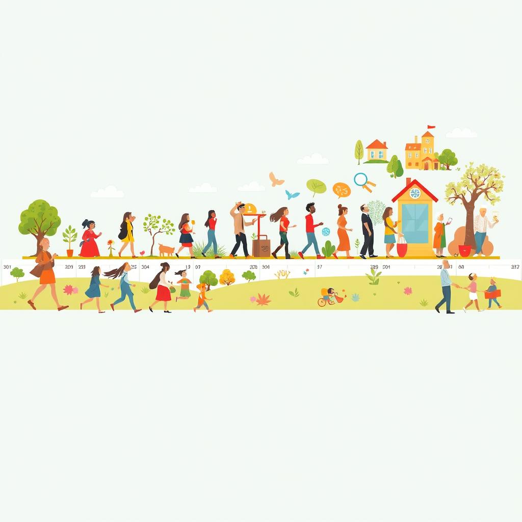 A visually rich illustration representing the journey of adulthood, showcasing various stages from young adulthood to middle age and elderly life