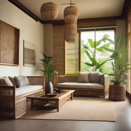 An intricate fusion design of Javanese and Japanese for a serene living room. Featuring handcrafted bamboo and rattan furniture from Java craft interspersed with Japanese minimalist aesthetics. Earthy tones meet natural materials, Batik patterns, Zen aesthetic, and a relaxing blend of nature through indoor plants.