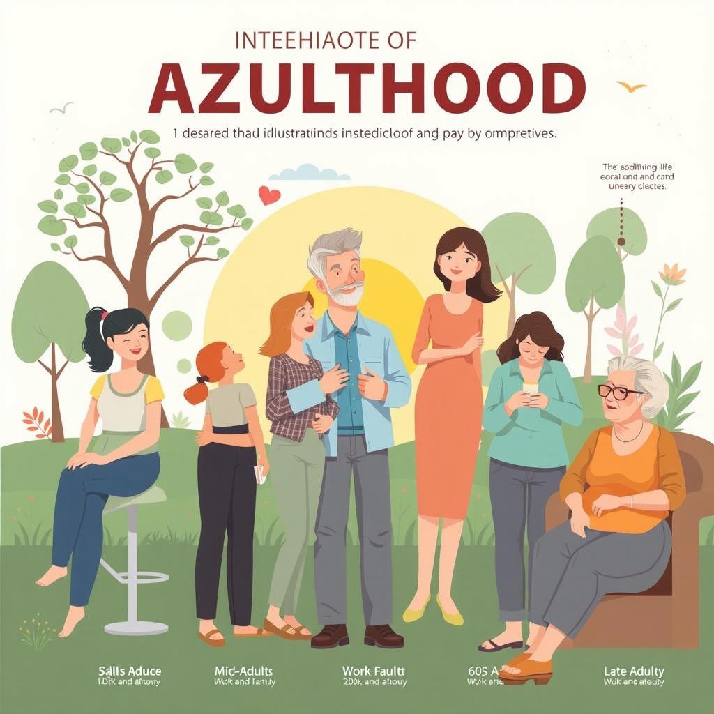An educational illustration titled 'Stages of Adulthood' featuring a diverse group of adults representing different life stages