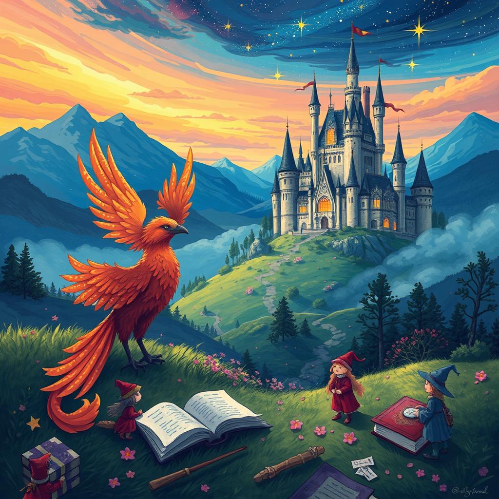 A whimsical illustration of a magical scene inspired by the world of fantasy literature, featuring an enchanting landscape with a grand castle in the background