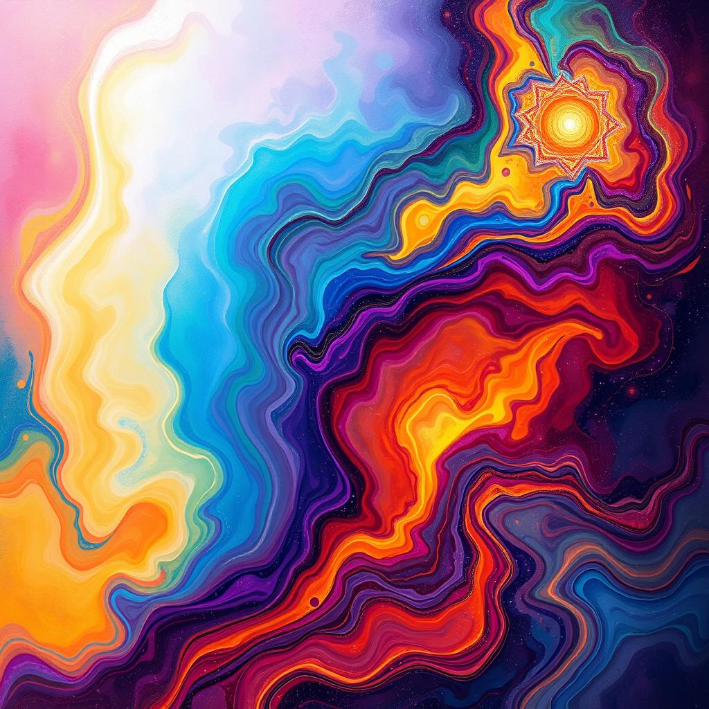 An abstract representation of the human life journey, featuring vibrant colors transitioning from soft pastels symbolizing birth to deep, rich hues that represent the quest for divinity