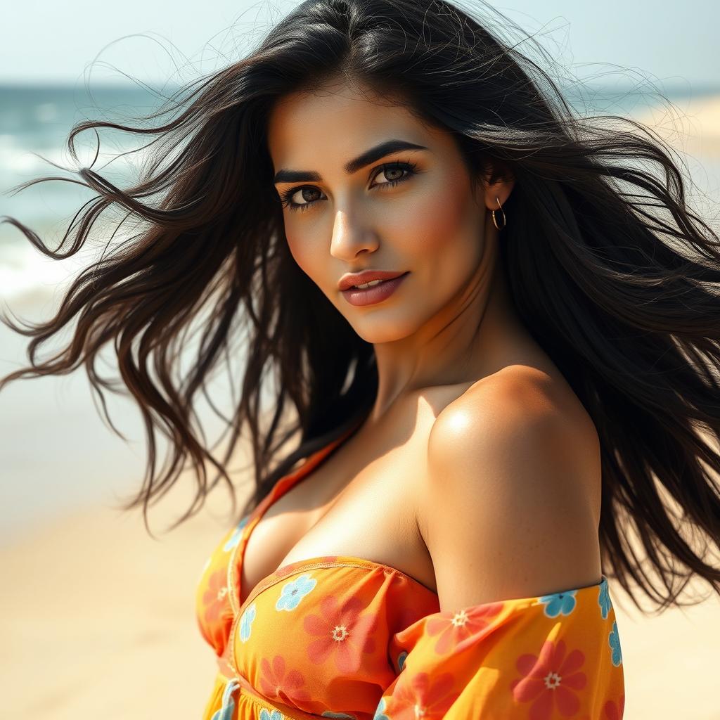 A beautiful 48-year-old Iranian woman with long black hair, striking black eyes, and well-defined black eyebrows