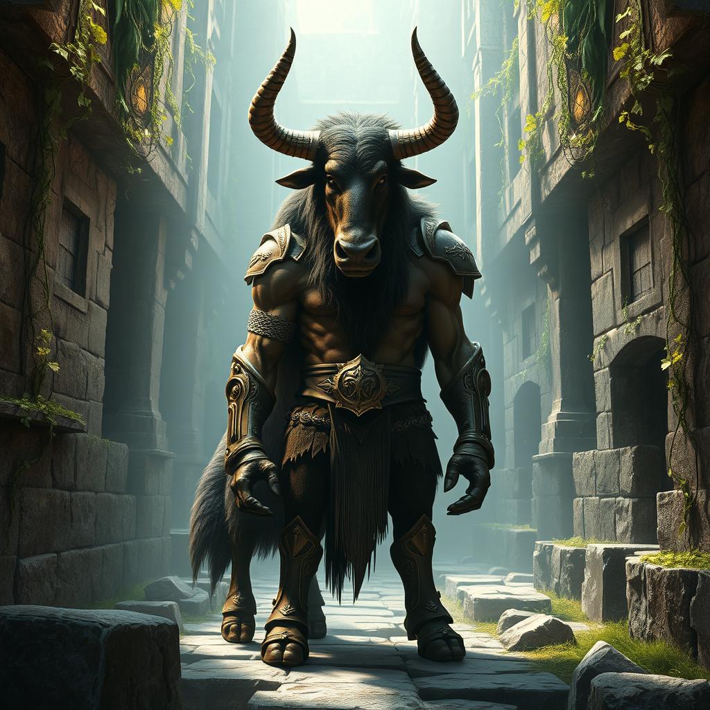 A majestic Minotaur standing in a labyrinth, intricately woven with stone walls and overgrown vines