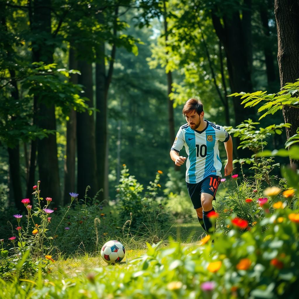 A picturesque scene of a forest with lush green foliage and dappled sunlight filtering through the leaves