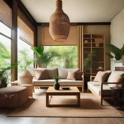 An intricate fusion design of Javanese and Japanese for a serene living room. Featuring handcrafted bamboo and rattan furniture from Java craft interspersed with Japanese minimalist aesthetics. Earthy tones meet natural materials, Batik patterns, Zen aesthetic, and a relaxing blend of nature through indoor plants.