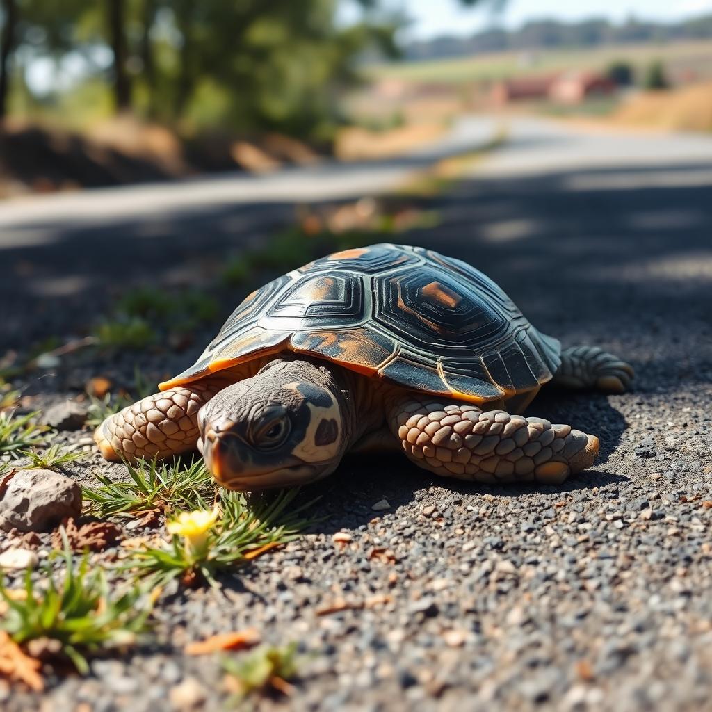 A realistic scene depicting an injured turtle lying on a road, showcasing its unique shell patterns and textures, with a few scratches on its body