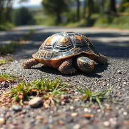 A realistic scene depicting an injured turtle lying on a road, showcasing its unique shell patterns and textures, with a few scratches on its body