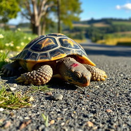 A realistic scene depicting an injured turtle lying on a road, showcasing its unique shell patterns and textures, with a few scratches on its body