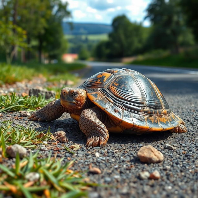 A realistic scene depicting an injured turtle lying on a road, showcasing its unique shell patterns and textures, with a few scratches on its body