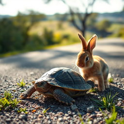 A heartwarming scene depicting an injured turtle lying on a road with a curious bunny approaching it