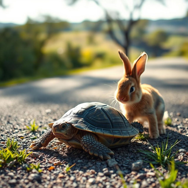 A heartwarming scene depicting an injured turtle lying on a road with a curious bunny approaching it