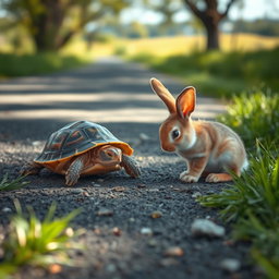 A heartwarming scene depicting an injured turtle lying on a road with a curious bunny approaching it