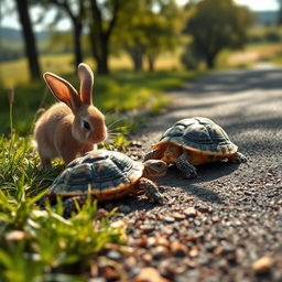 A heartwarming scene depicting an injured turtle lying on a road with a curious bunny approaching it