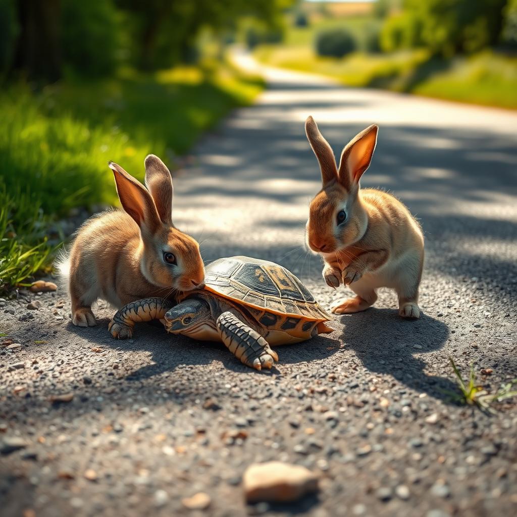 A heartwarming scene depicting an injured turtle lying on a road with a curious bunny approaching it