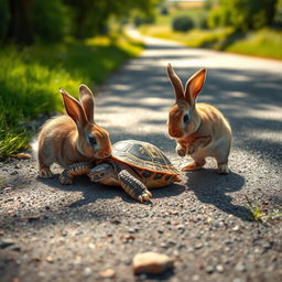 A heartwarming scene depicting an injured turtle lying on a road with a curious bunny approaching it
