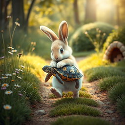 A touching scene where a bunny gently carries an injured turtle to its own cozy home