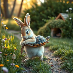A touching scene where a bunny gently carries an injured turtle to its own cozy home