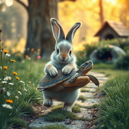 A touching scene where a bunny gently carries an injured turtle to its own cozy home