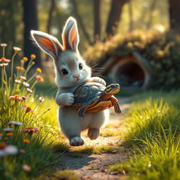 A touching scene where a bunny gently carries an injured turtle to its own cozy home