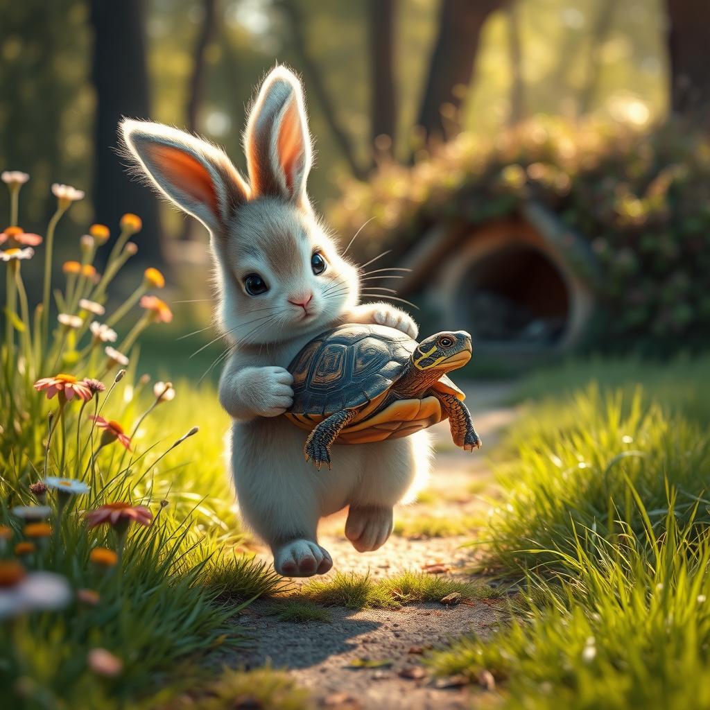 A touching scene where a bunny gently carries an injured turtle to its own cozy home