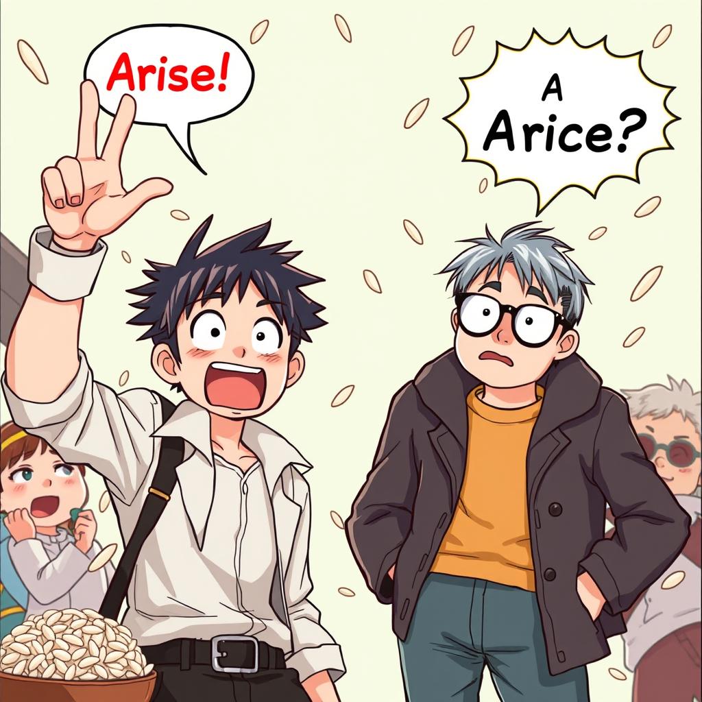 A whimsical and humorous scene featuring Jin Woo, a confident young man, dramatically raising one hand and saying "Arise!" while next to him, Sakamoto, a laid-back character with a surprised expression, responds with a confused, "A rice?" They're surrounded by a vibrant, cartoonish environment with exaggerated facial expressions