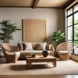 An intricate fusion design of Javanese and Japanese for a serene living room. Featuring handcrafted bamboo and rattan furniture from Java craft interspersed with Japanese minimalist aesthetics. Earthy tones meet natural materials, Batik patterns, Zen aesthetic, and a relaxing blend of nature through indoor plants.