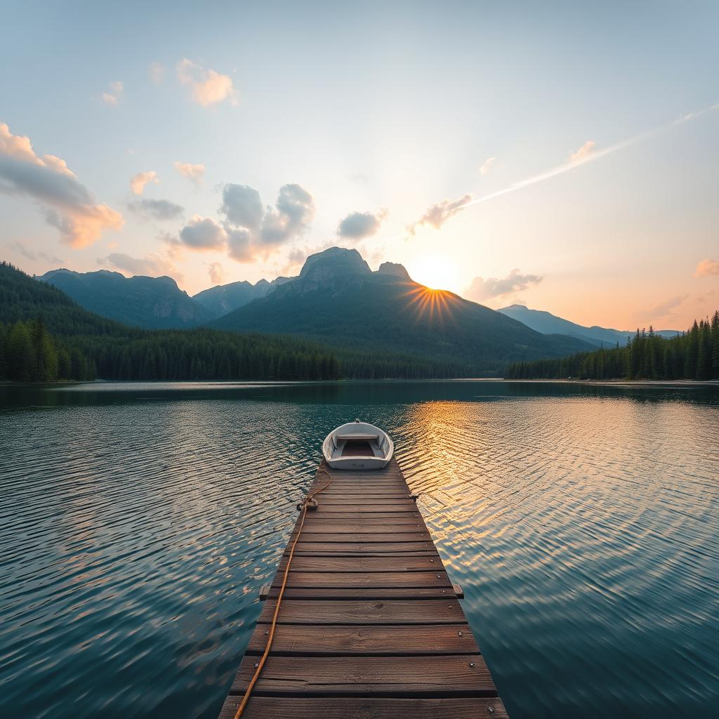 A scenic view of a tranquil lake surrounded by dense, green forests with towering mountains in the background