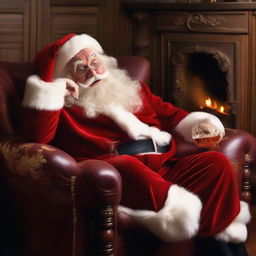 A visibly exhausted Santa Claus lounging in his armchair after a 24-hour shift, his red suit slightly unkempt, cradling a glass of amber-colored whiskey.