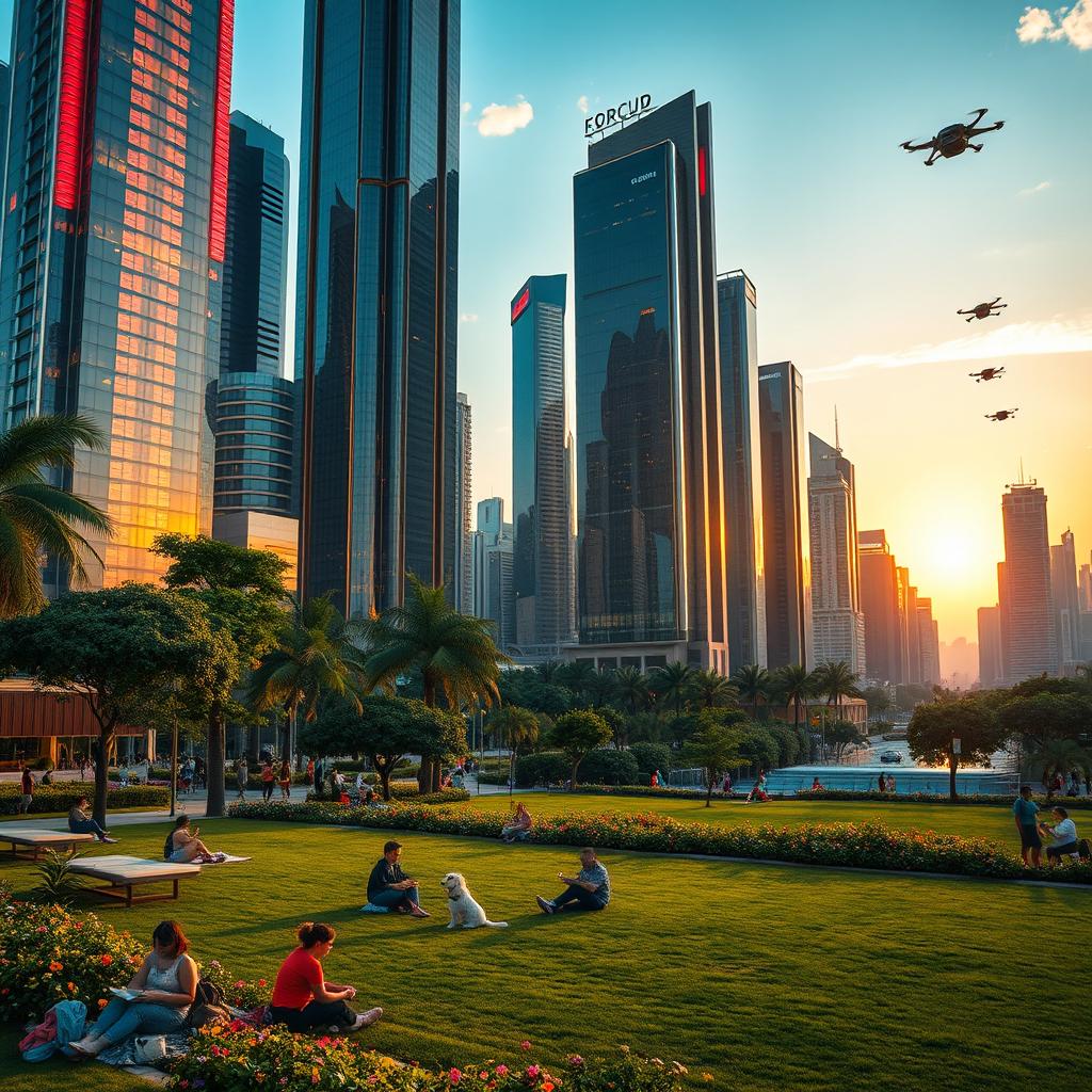 A stunning futuristic cityscape featuring tall, sleek skyscrapers with vibrant neon lights, reflecting off glass surfaces