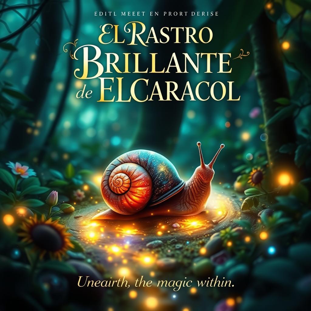 A striking movie poster design for the book "El Rastro Brillante de El Caracol" featuring a mystical, enchanting snail trailing a luminous path through an ethereal forest