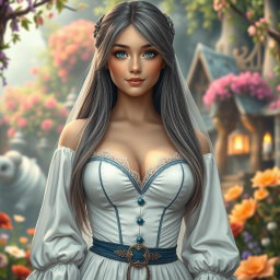 A busty, shy, and delicate European girl in a fantastical setting, embodies kindness and grace