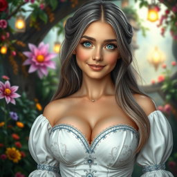 A busty, shy, and delicate European girl in a fantastical setting, embodies kindness and grace
