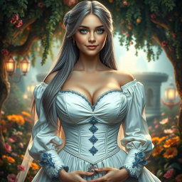 A busty, shy, and delicate European girl in a fantastical setting, embodies kindness and grace