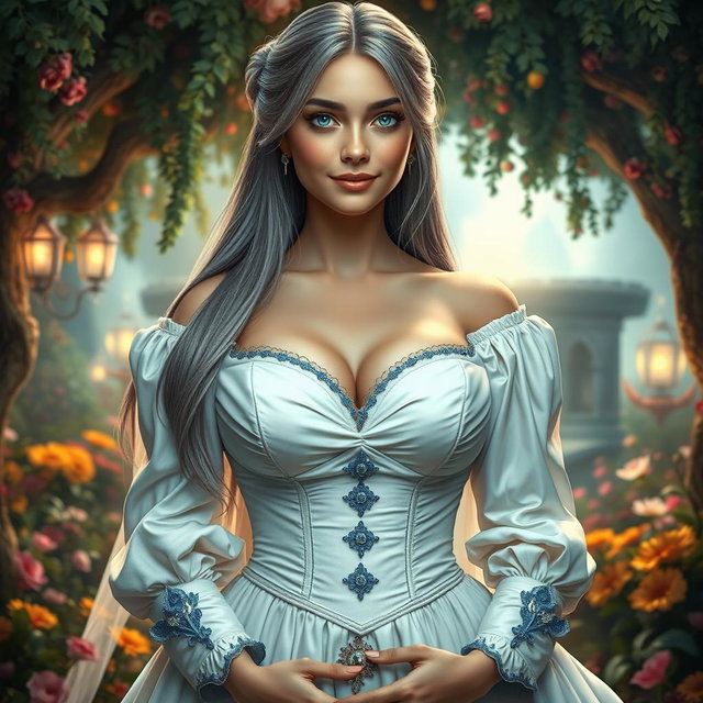 A busty, shy, and delicate European girl in a fantastical setting, embodies kindness and grace