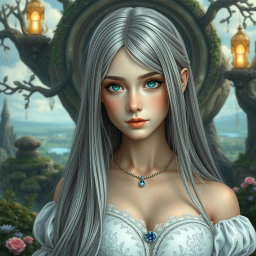 A busty, shy, delicate European girl characterized by her large, beautiful natural breasts and long straight ash grey hair that cascades gracefully over her shoulders