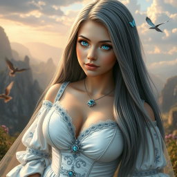 A busty, shy, delicate European girl characterized by her large, beautiful natural breasts and long straight ash grey hair that cascades gracefully over her shoulders